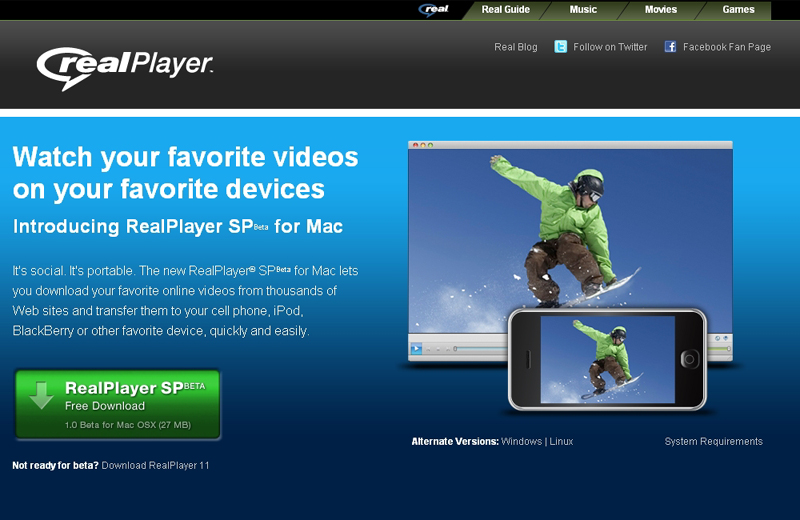 �uRealPlayer SP 1.0 for Mac�v�_�E�����[�h�y�[�W