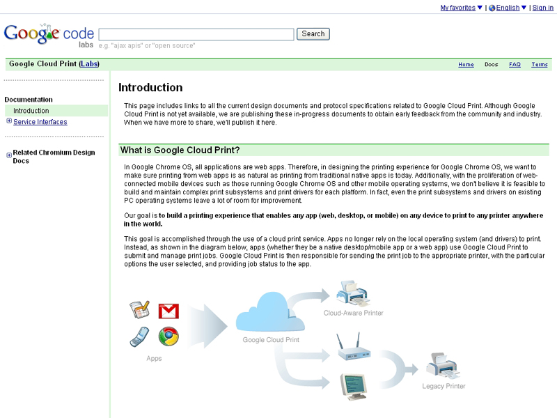 Google Code�ɂ����āuGoogle Cloud Print�v�̃h�L�������g�Ȃǂ����J���Ă���