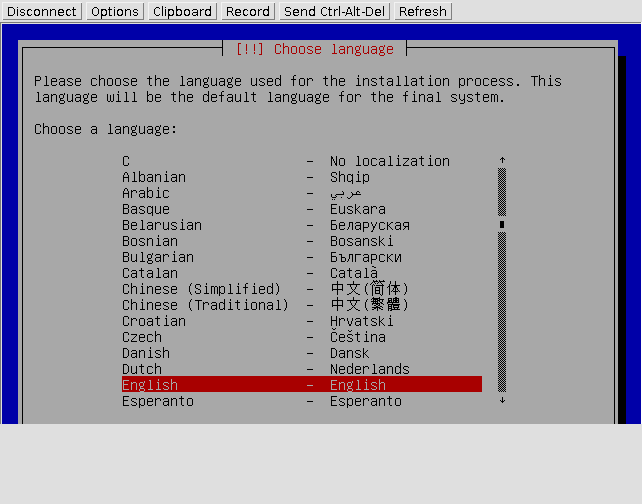 Debian GNU/Linux�̃C���X�g�[�����N������VNC�ڑ������Ƃ���B�C���X�g�[���̂����݂𗝉����Ă���l�ȊO�͎���o���Ȃ��ق����������낤�B
