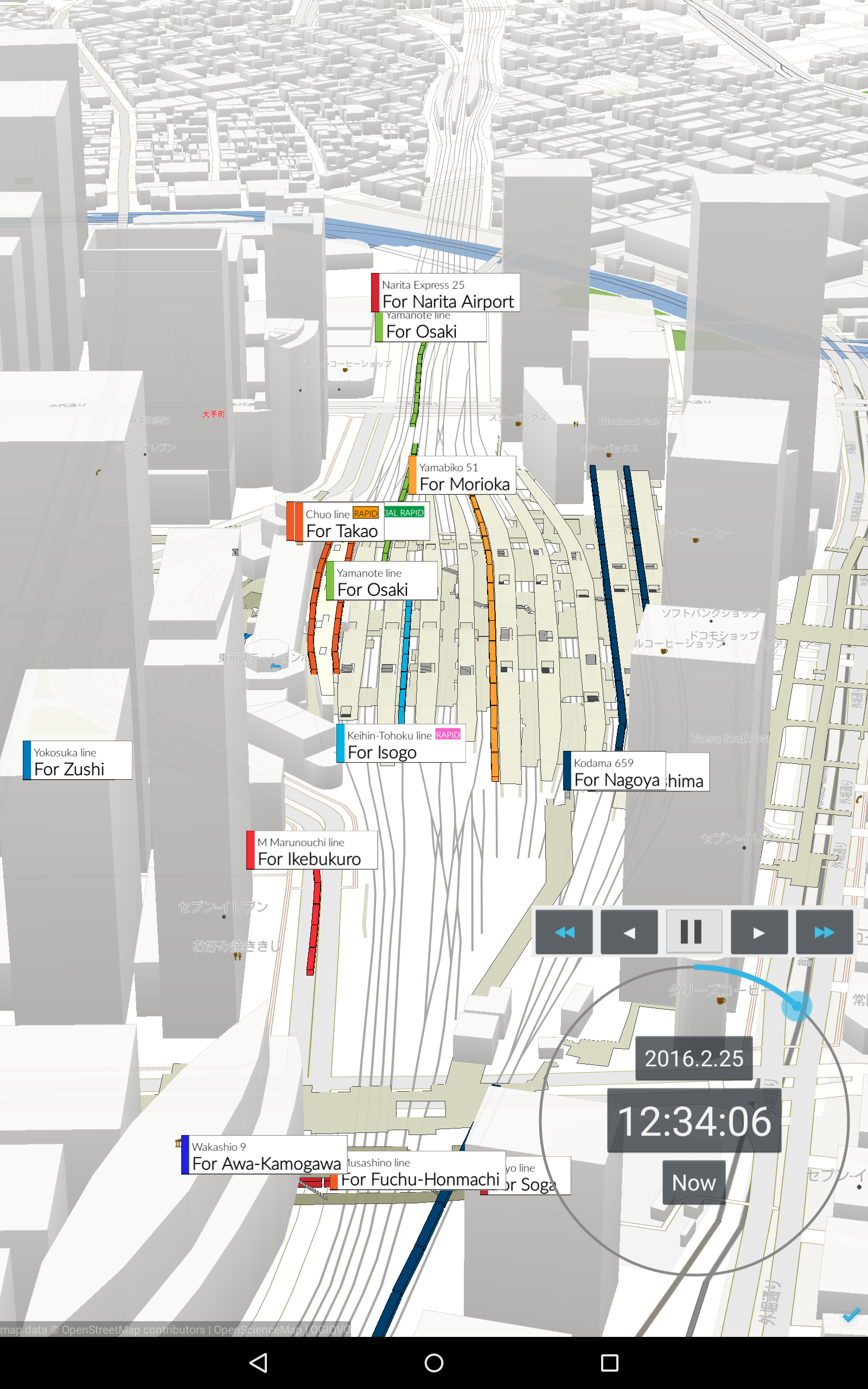 地図ウォッチ】 東京駅を発着する列車の動きを3D地図上に表示