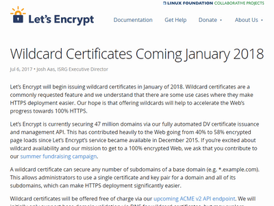 Let S Encrypt ワイルドカード証明書を18年1月より無料提供 Internet Watch