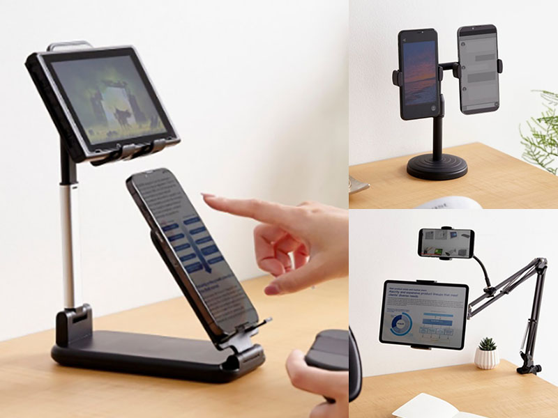 スマホやタブレットを2台置き、スペースを有効活用できるスタンド3種