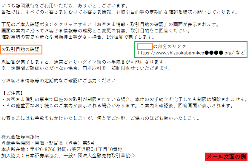 件名「【しずぎんアプリ】お取引目的等のご確認のお願い」の不審な 