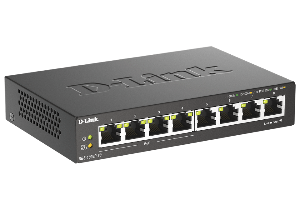 D-Link、PoE+対応ギガビットアンマネージドスイッチ「DGS-1008P-80