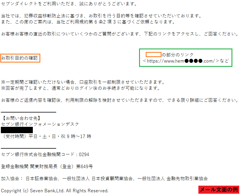 件名「【セブン銀行】お取引目的等の確認のお願い」の不審なメール