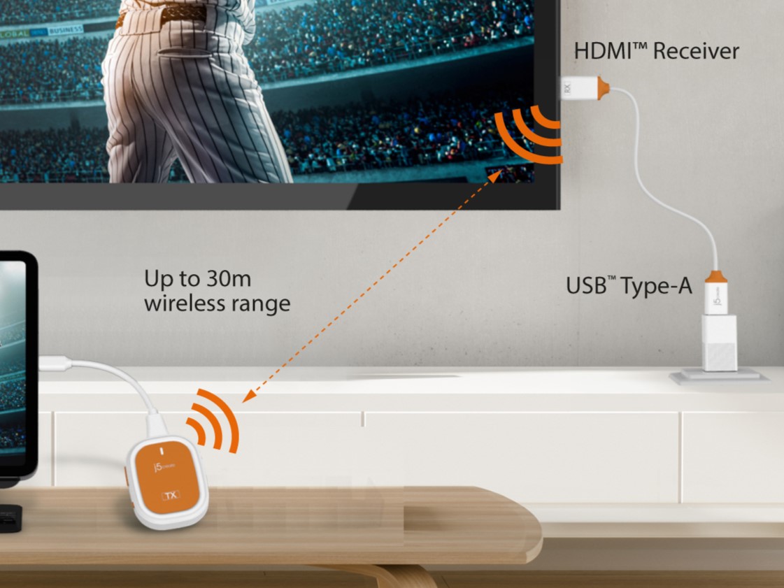 USB Type-C接続で、映像を最大30mまで無線でミラーリングできる