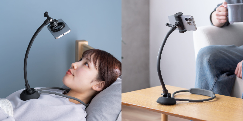 首にかけて、手ぶらでスマホが使えるアームスタンド、サンワサプライが