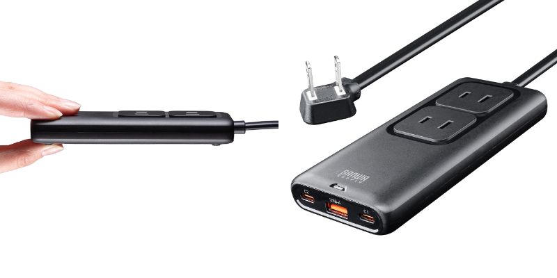 最大5台を同時充電、厚さ18mmのUSBポートつき電源タップ「700-TAP092BK